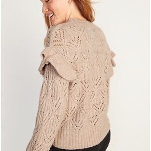 S  Old Navy Ruffle Sparkle Pink Knit Pointelle Sweater